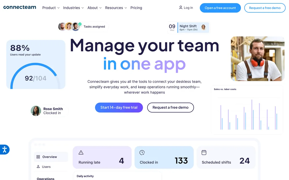 Screenshot der Startseite von connecteam.com, aufgenommen im August 2026