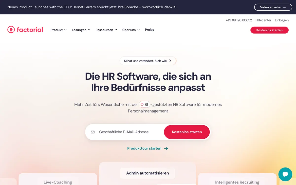 Screenshot der Startseite von factorialhr.de, aufgenommen im August 2026
