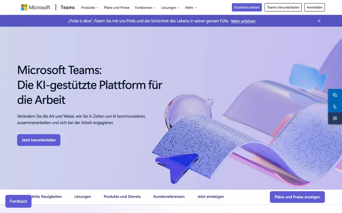 Screenshot der Startseite von microsoft.com/microsoft-teams, aufgenommen im August 2026