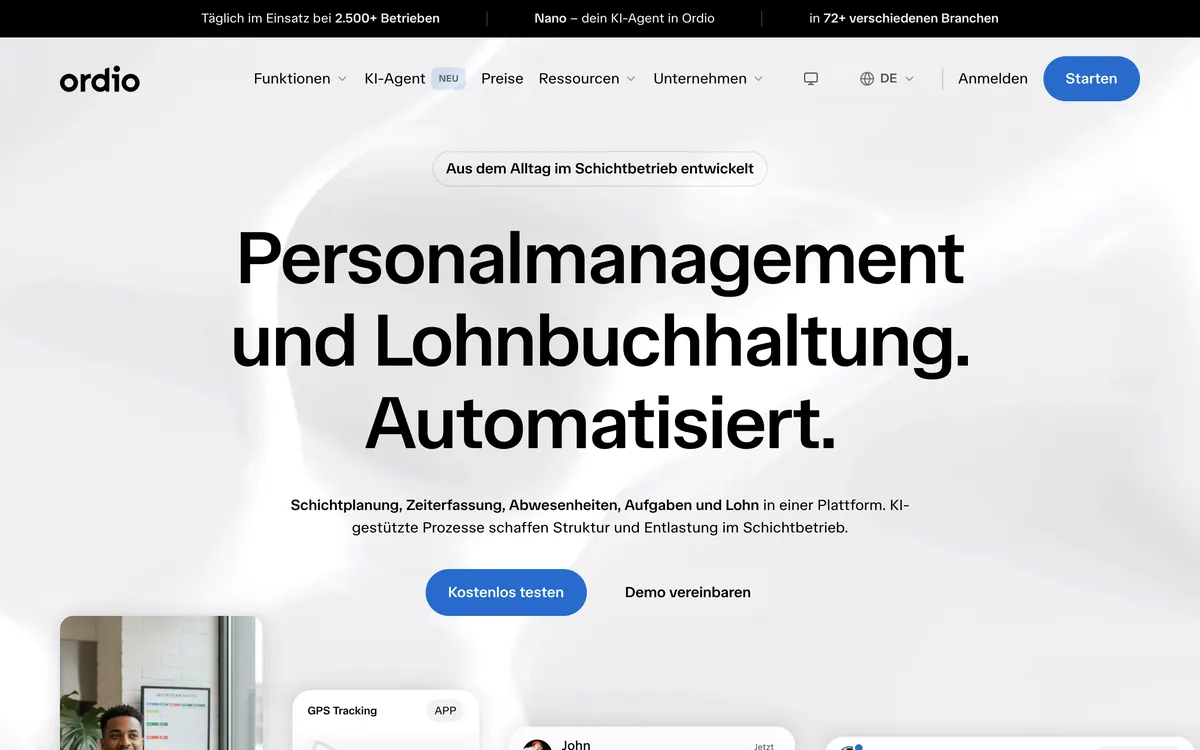 Screenshot der Startseite von ordio.com, aufgenommen im August 2026