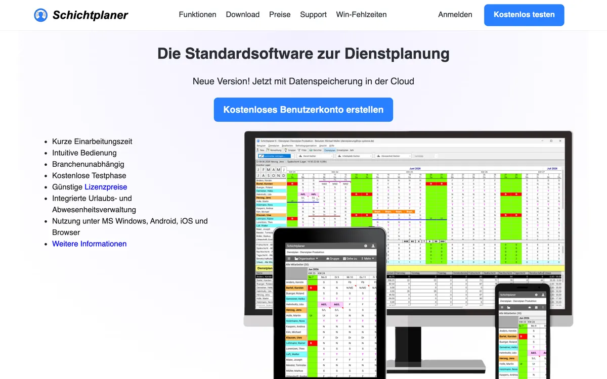 Screenshot der Startseite von schichtplaner.de, aufgenommen im August 2026