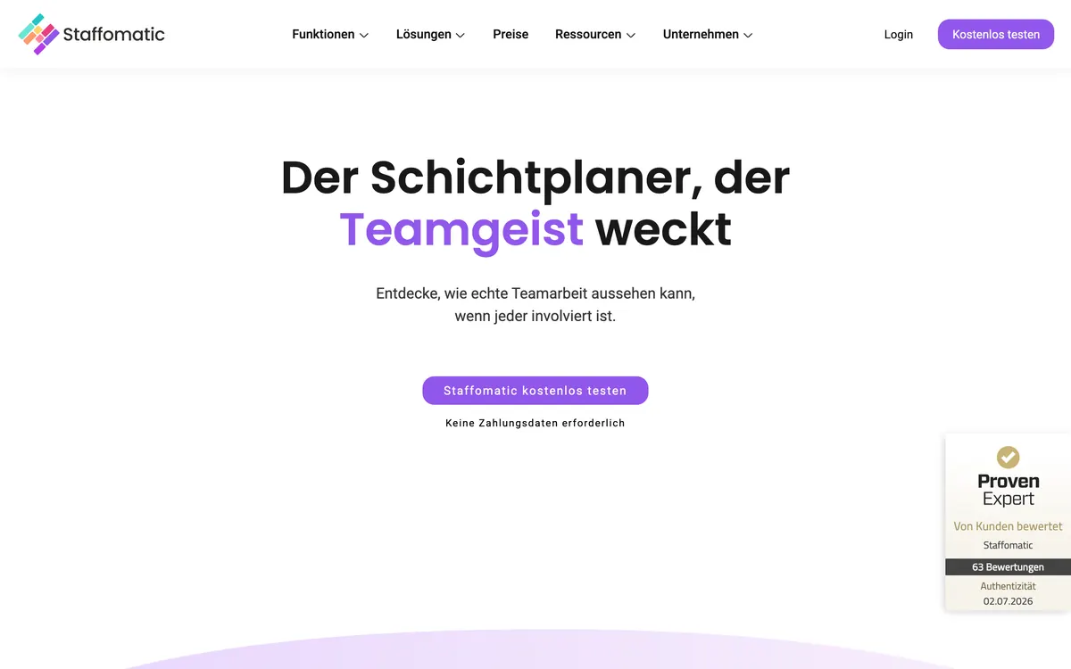 Screenshot der Startseite von staffomatic.com, aufgenommen im August 2026